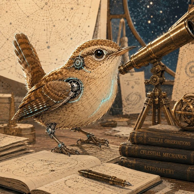 Wren as an astronomer: a brown wren with faint cyan circuit tracery in its feathers, at a brass telescope among star charts, an armillary sphere, books on celestial mechanics, and an open notebook of sky diagrams.